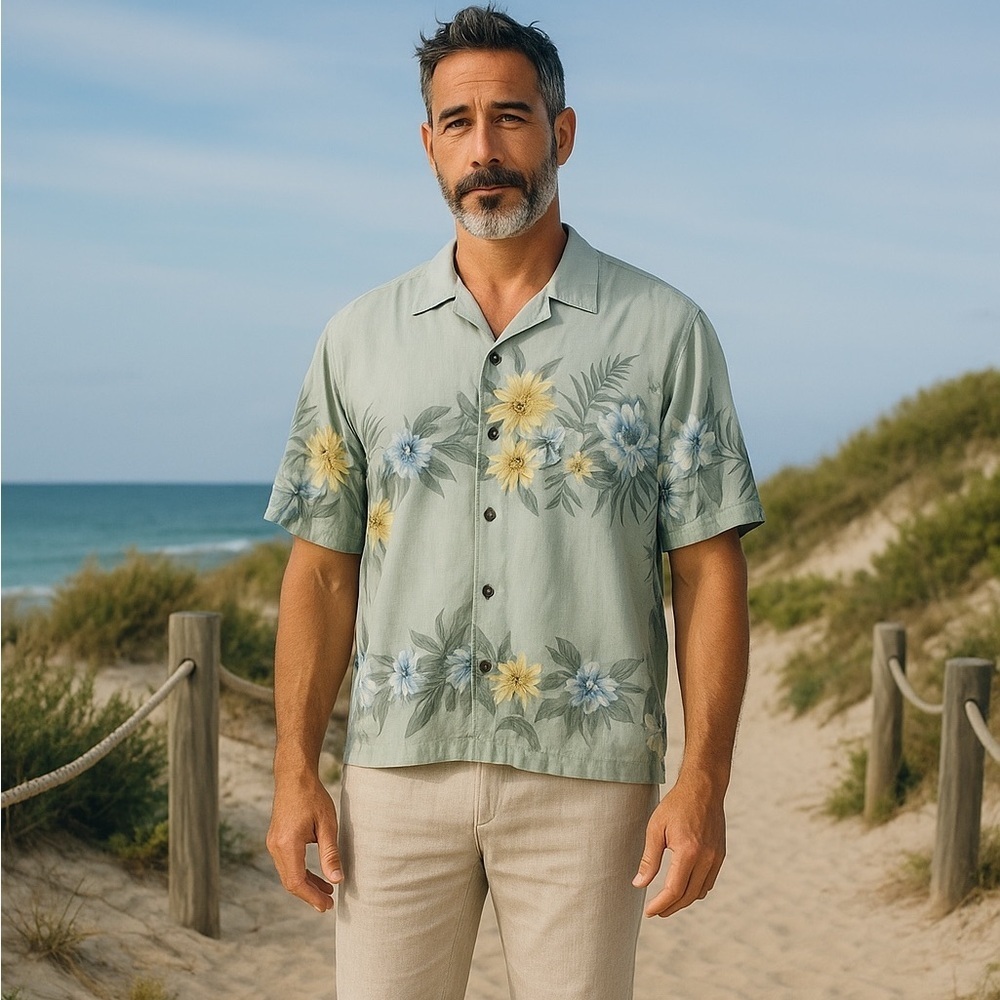 Tommy Bahama Silk Short Sleeve Hawaiian Floral Button Down Shirt Men’s Size L